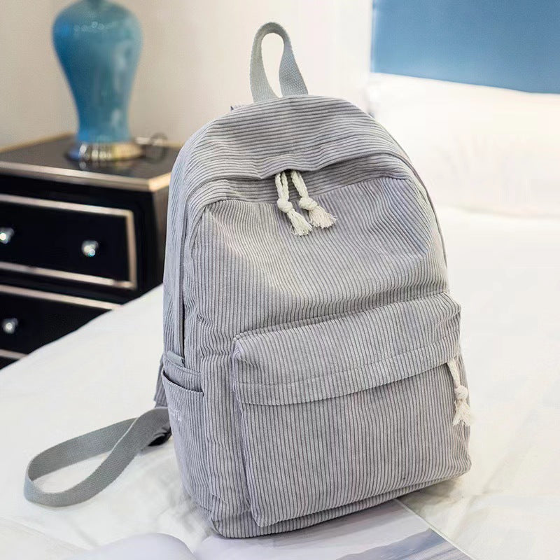 Women's Gray Corduroy Backpack Casual Large Capacity School Travel Daypack