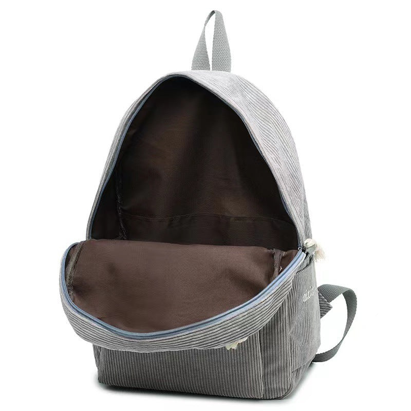 Women's Gray Corduroy Backpack Casual Large Capacity School Travel Daypack