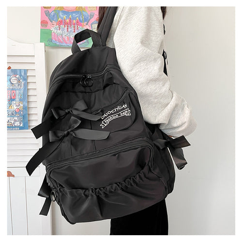 Women's Black Bow Accent Nylon Backpack Large Capacity School Travel Daypack