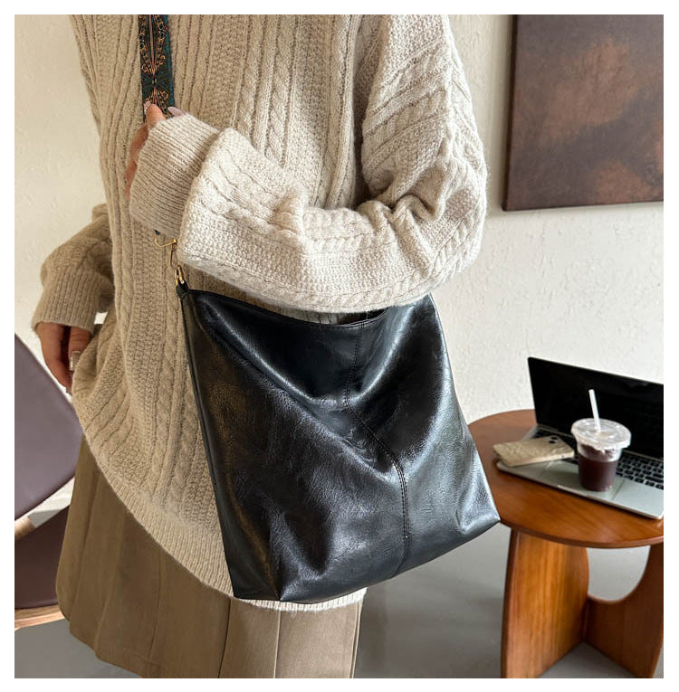 Women's Black Soft Leather Hobo Tote Bag Large Capacity Shoulder Crossbody Purse