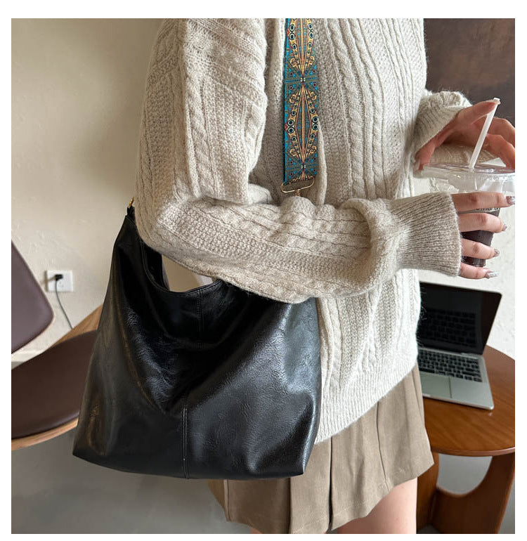 Women's Black Soft Leather Hobo Tote Bag Large Capacity Shoulder Crossbody Purse