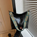 Women’s Black Soft Faux Leather Hobo Shoulder Bag Printed Strap Crossbody Tote Purse