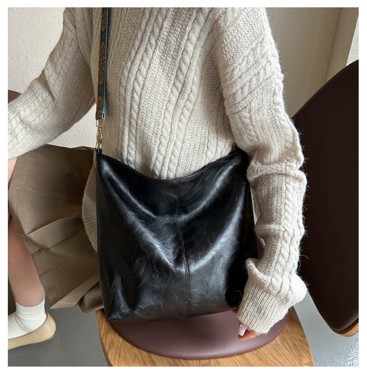 Women’s Black Soft Faux Leather Hobo Shoulder Bag Printed Strap Crossbody Tote Purse
