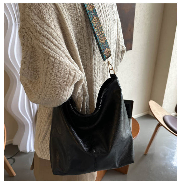 Women’s Black Soft Faux Leather Hobo Shoulder Bag Printed Strap Crossbody Tote Purse