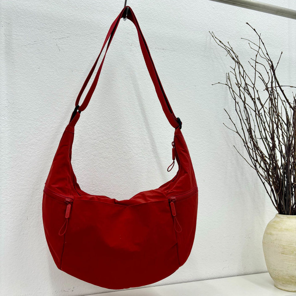 Red Nylon Crescent Crossbody Bag Lightweight Adjustable Strap Hobo Shoulder Purse