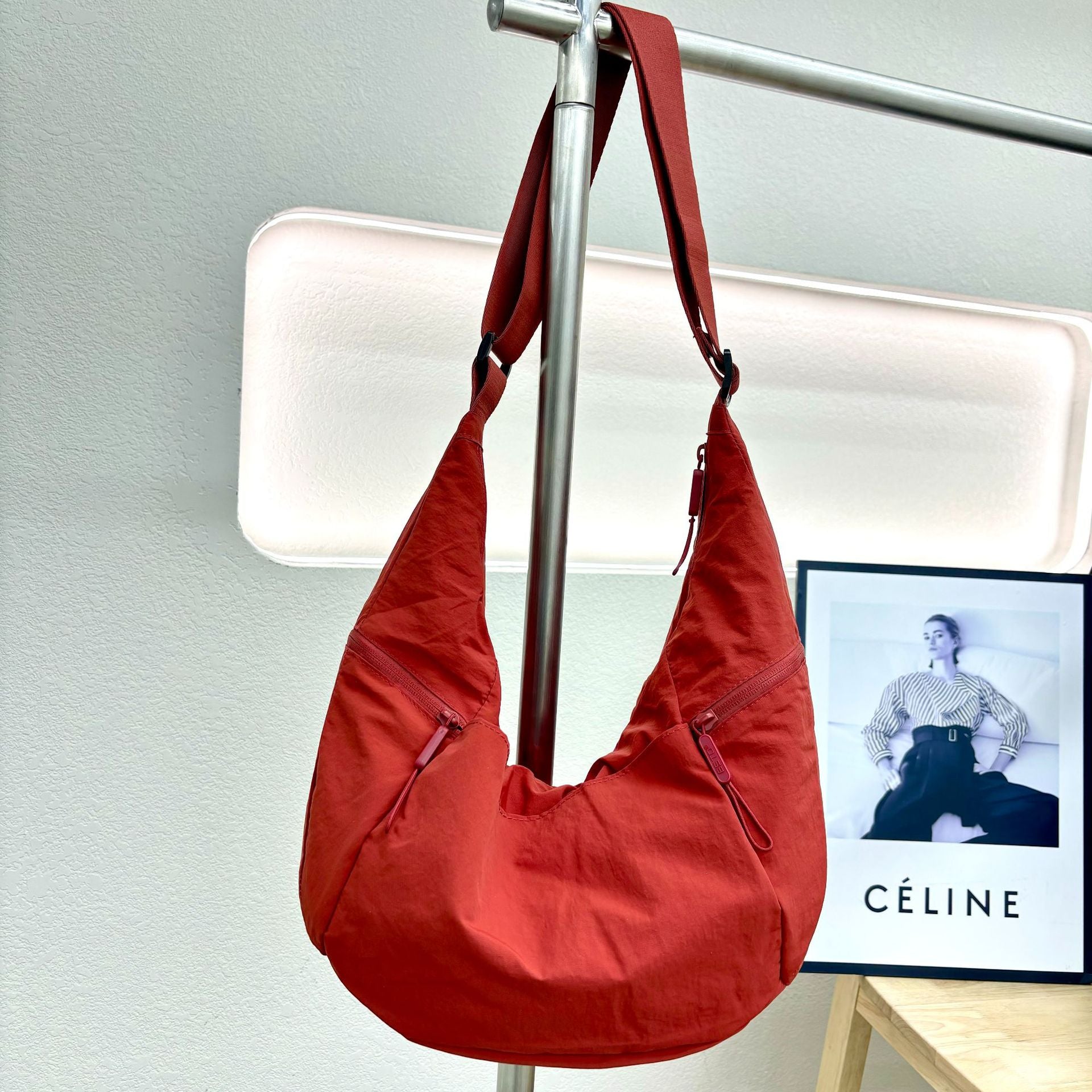 Red Nylon Crescent Crossbody Bag Lightweight Adjustable Strap Hobo Shoulder Purse