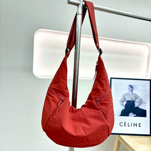 Red Nylon Crescent Crossbody Bag Lightweight Adjustable Strap Hobo Shoulder Purse
