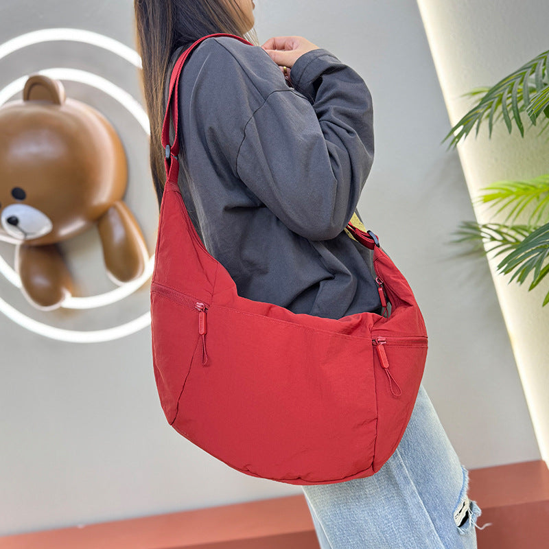 Red Nylon Crescent Crossbody Bag Lightweight Adjustable Strap Hobo Shoulder Purse