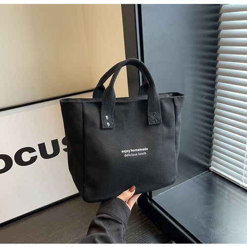 Black Canvas Mini Tote Bag Casual Letter Print Handbag Portable Daily Top‑Handle Purse
