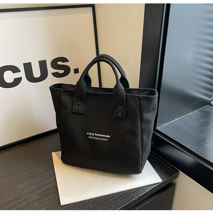 Black Canvas Mini Tote Bag Casual Letter Print Handbag Portable Daily Top‑Handle Purse