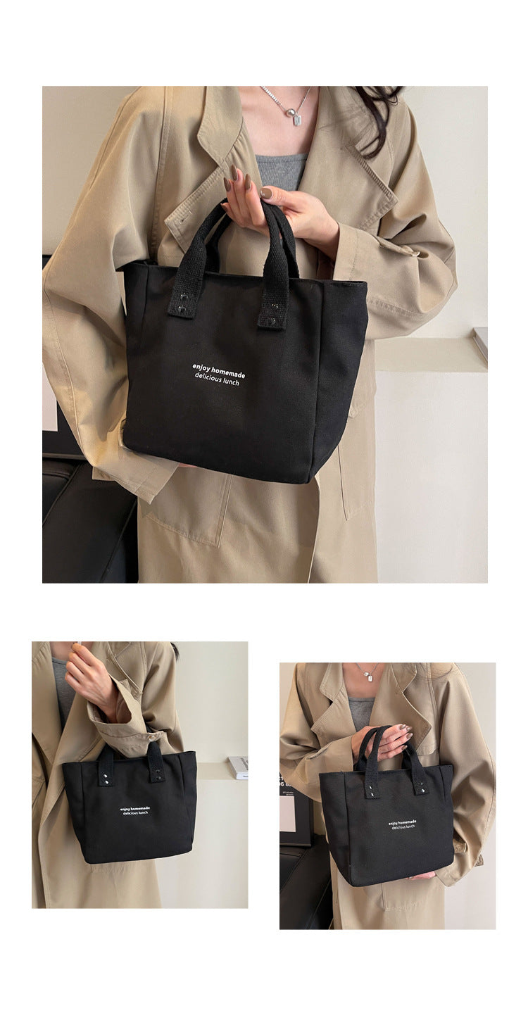 Black Canvas Mini Tote Bag Casual Letter Print Handbag Portable Daily Top‑Handle Purse